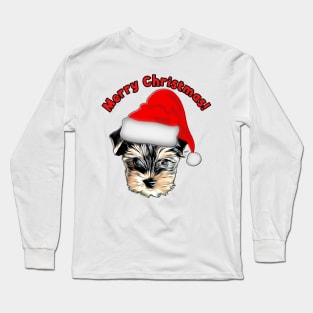 Cute Yorkshire Terrier Yorkie with Santa Hat Long Sleeve T-Shirt